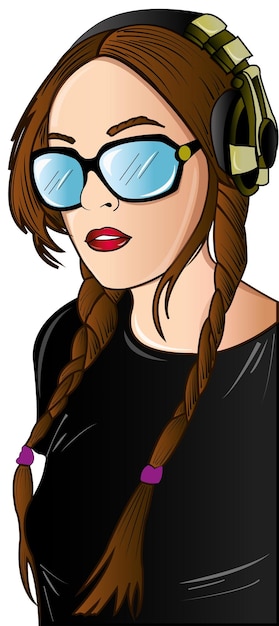 Ilustración vectorial de mujer en camiseta negra con gafas de sol y auriculares dj