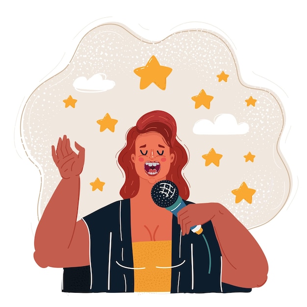 Vector ilustración vectorial de una mujer cantando en el micrófono estrella a su alrededor