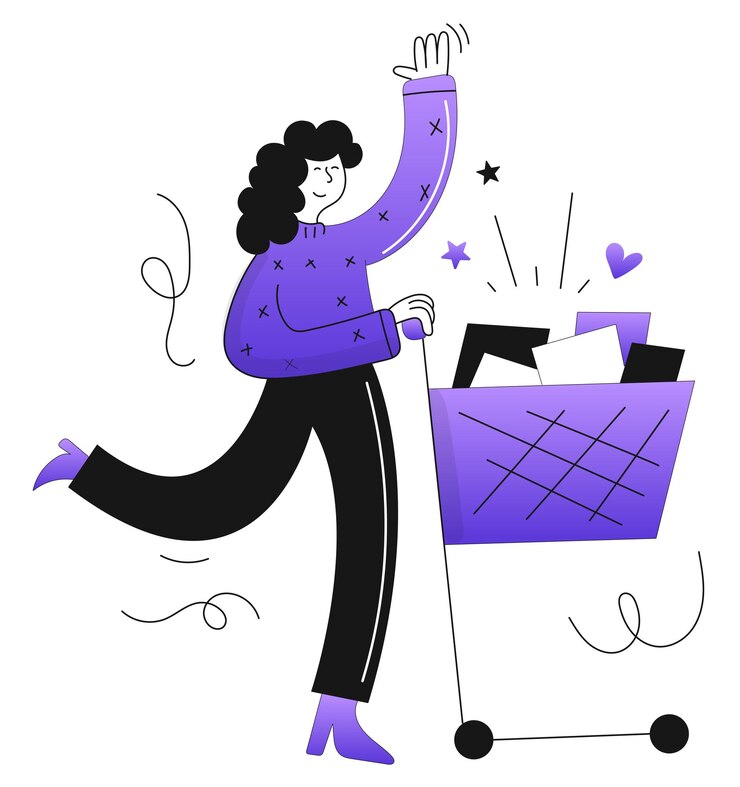 Vector ilustración vectorial de una mujer con un carrito de compras lleno de ropa