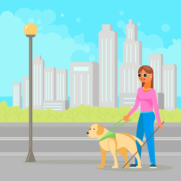 Vector ilustración vectorial de mujer ciega con perro guía
