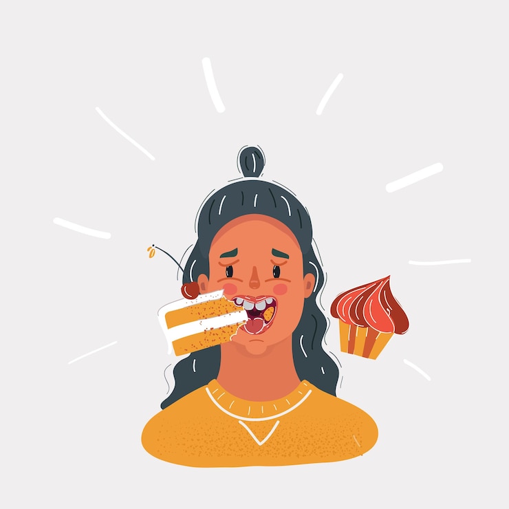 Vector ilustración vectorial de mujer comiendo un montón de pastel rostro femenino sobre fondo blanco