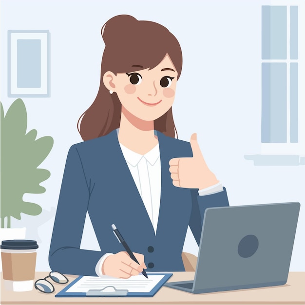 Vector ilustración vectorial de una mujer con una computadora portátil en estilo de diseño plano