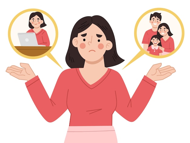 Ilustración vectorial de la mujer confundida con la elección de la familia o la carrera