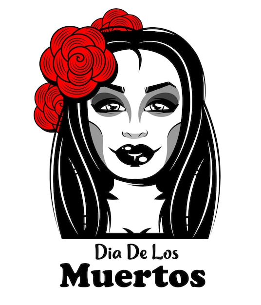 Ilustración vectorial de una mujer del cuello para arriba, compuesta para el Día de los Muertos, Día de los Muertos.