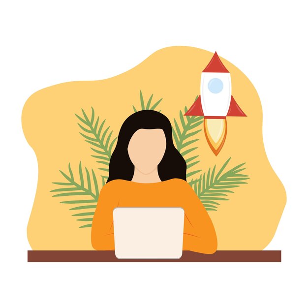 Ilustración vectorial de una mujer detrás de una computadora portátil que inicia un proyecto