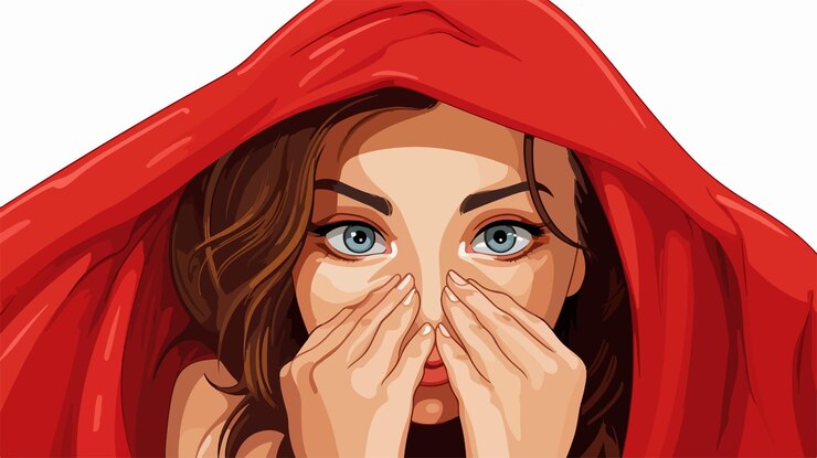 Vector ilustración vectorial de la mujer de dibujos animados que se esconde detrás de la toalla