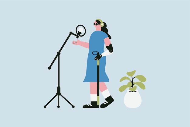 Vector ilustración vectorial de una mujer discapacitada grabando música