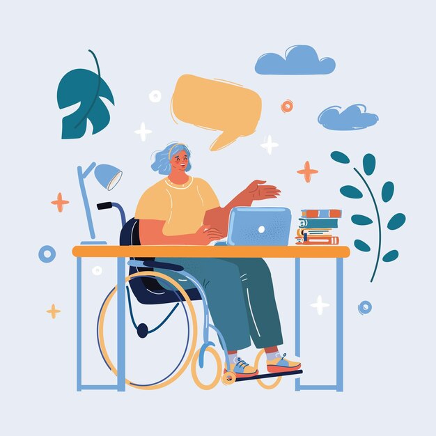 Ilustración vectorial de una mujer discapacitada en silla de ruedas en una oficina trabajando en una computadora