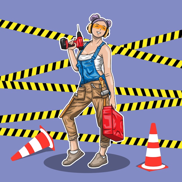 Ilustración vectorial de una mujer con un disfraz de taller llevando un taladro con un fondo de peligro l