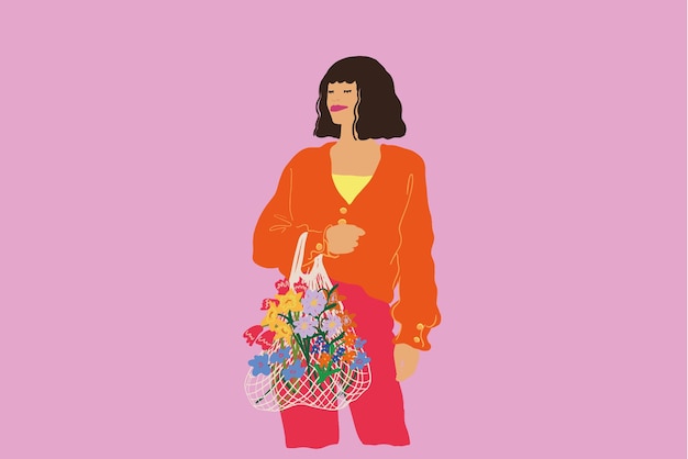 Ilustración vectorial de mujer elegante con flores en el fondo