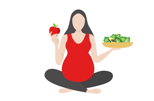 Vector ilustración vectorial de una mujer embarazada que come alimentos saludables concepto de cuidado de la madre