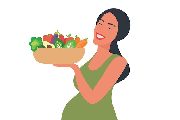 Ilustración vectorial de una mujer embarazada que come alimentos saludables concepto de cuidado de la madre