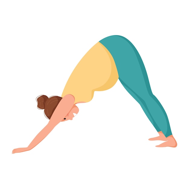 Vector ilustración vectorial de una mujer embarazada que practica deportes yoga prenatal y un estilo de vida saludable asana adho mukha svanasana