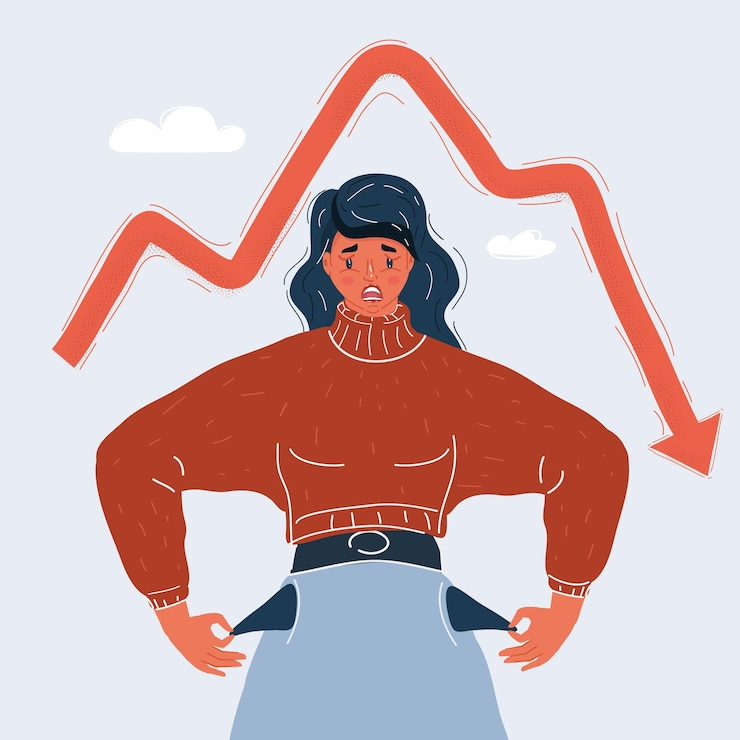 Vector la ilustración vectorial de la mujer es un personaje en quiebra con los bolsillos vacíos en un fondo oscuro la recesión de la economía concepto de indicadores de caída en el fondo blanco