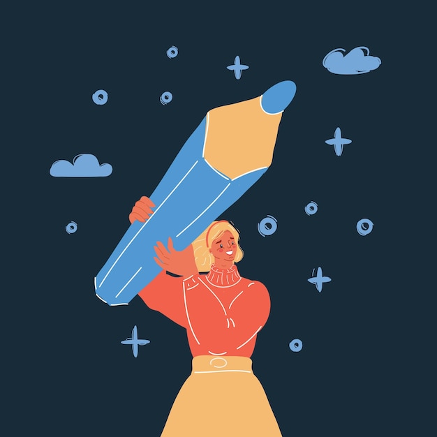 Ilustración vectorial de una mujer escribiendo Un personaje sostiene un lápiz grande en sus manos en un fondo oscuro