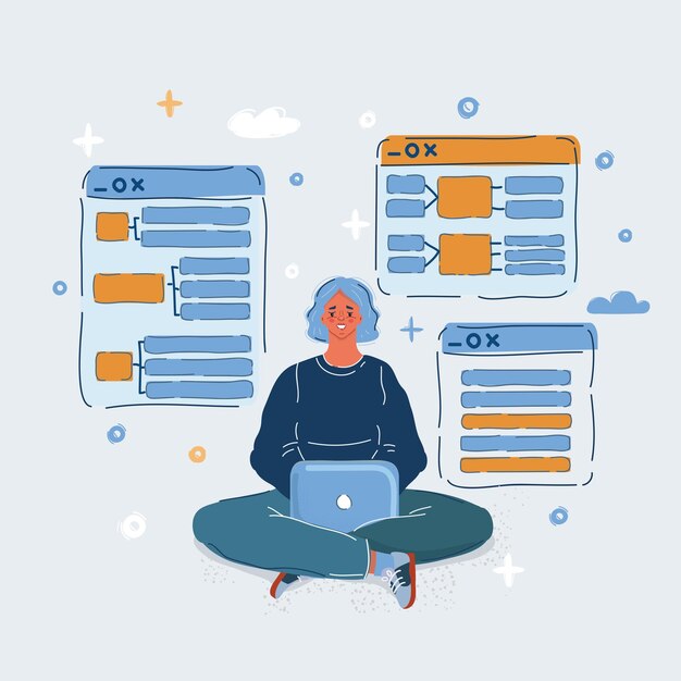 Ilustración vectorial de la mujer está trabajando en el desarrollo de proyectos empresariales creativos