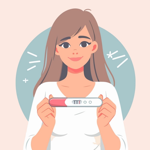 Vector ilustración vectorial de una mujer feliz mostrando un kit de prueba de embarazo