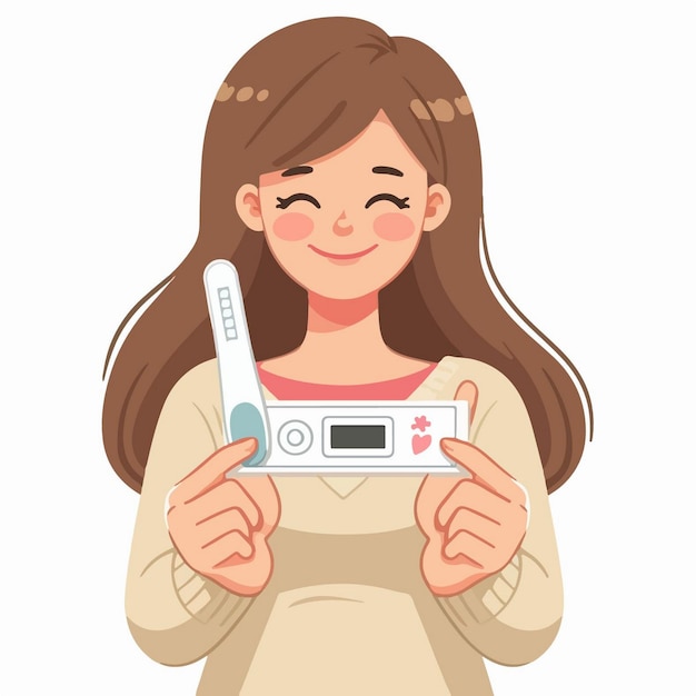 Vector ilustración vectorial de una mujer feliz mostrando un kit de prueba de embarazo