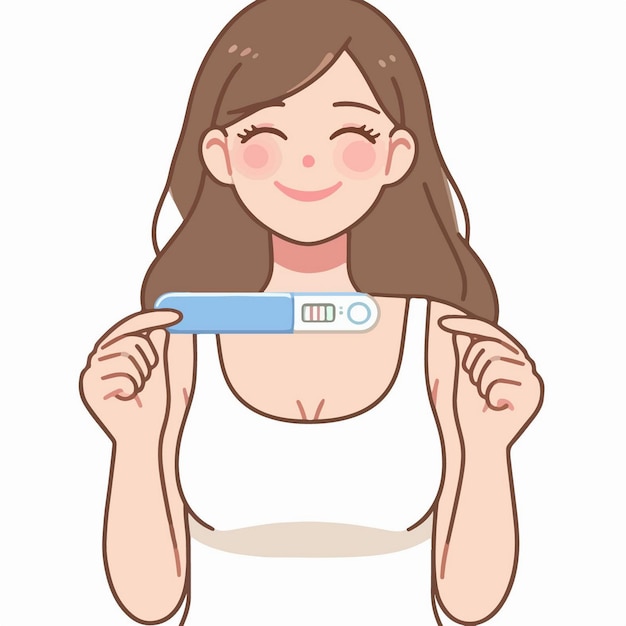 Ilustración vectorial de una mujer feliz mostrando un kit de prueba de embarazo