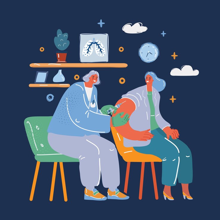 Vector ilustración vectorial de una mujer feliz recibiendo una inyección en el médico sobre un fondo oscuro