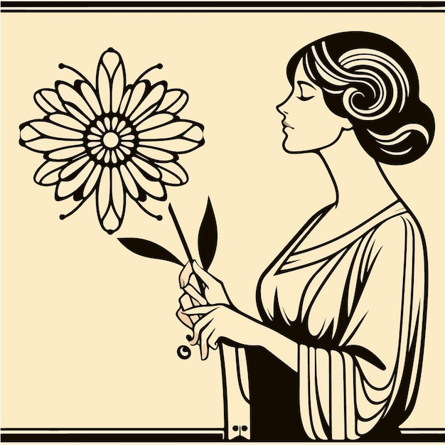 Vector ilustración vectorial de una mujer con flores en art nouveau plano