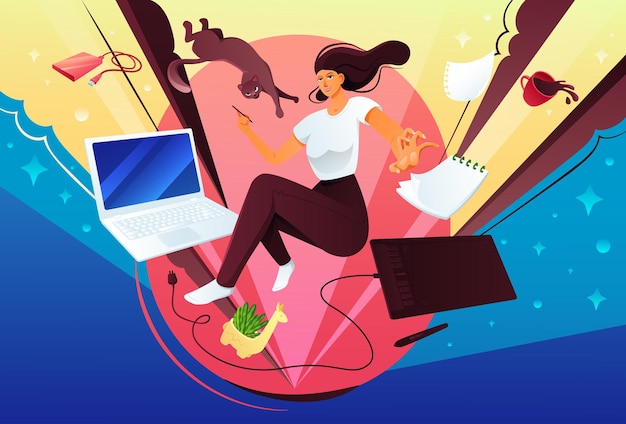 Ilustración vectorial de una mujer en el flujo de trabajo flotando en el espacio con diferentes cosas