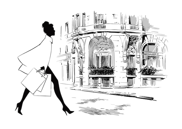 Ilustración vectorial Mujer hermosa con bolsas de compras camina por la calle Feliz temporada de estilo de vida