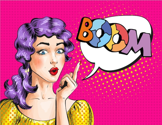 Vector ilustración vectorial de una mujer hermosa y una burbuja de habla boom wonder girl gesticulando en estilo cómico de arte pop retro