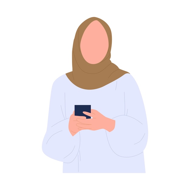 Ilustración vectorial de una mujer hijab sosteniendo un teléfono inteligente