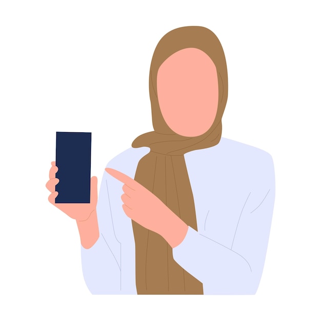 Ilustración vectorial de una mujer hijab sosteniendo un teléfono inteligente