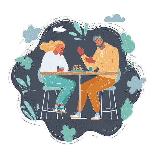 Ilustración vectorial de una mujer y un hombre tristes sentados en un café oscuro