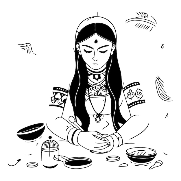 Vector ilustración vectorial de una mujer india haciendo un ritual ayurvédico en estilo plano