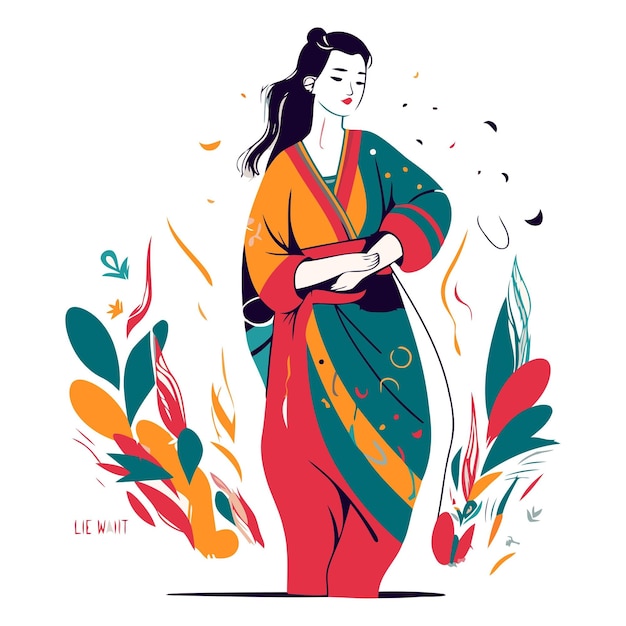 Vector ilustración vectorial de la mujer india en el sari tradicional de la cultura de la india