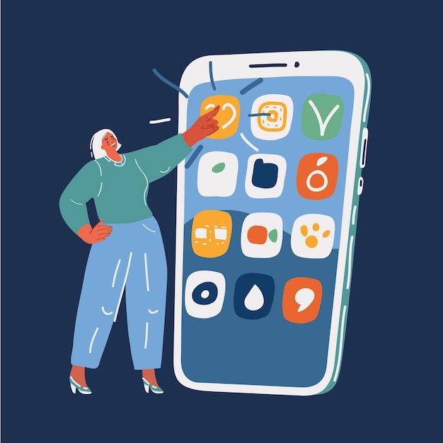 Ilustración vectorial de una mujer instalando una aplicación en su teléfono grande sobre un fondo oscuro