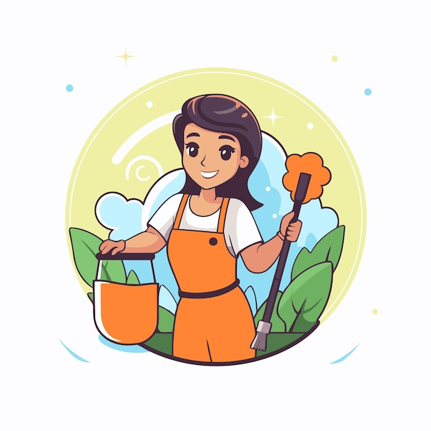 Vector ilustración vectorial de una mujer jardinera con un trapeador y un riego