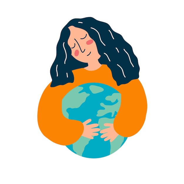 Ilustración vectorial de mujer joven abraza globo terráqueo en estilo plano de dibujos animados el concepto de proteger el planeta salvando la ecología y el medio ambiente