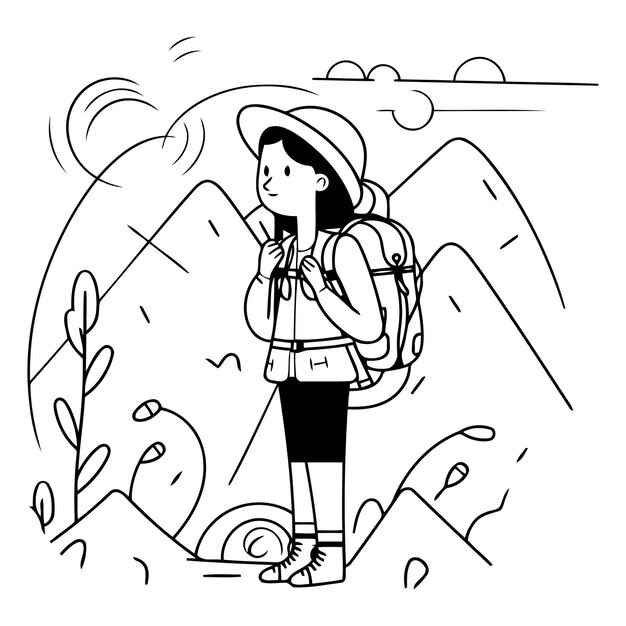 Vector ilustración vectorial de una mujer joven caminando por las montañas con una mochila