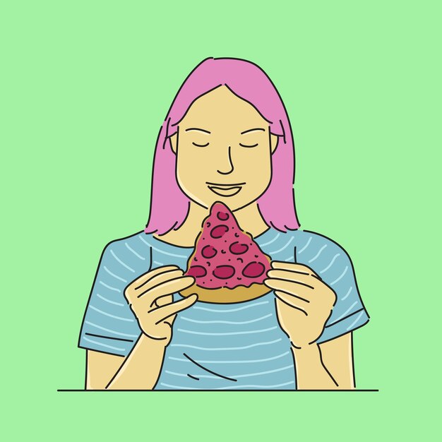 Vector ilustración vectorial de una mujer joven comiendo pizza