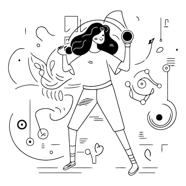 Vector ilustración vectorial de una mujer joven escuchando música con auriculares y bailando