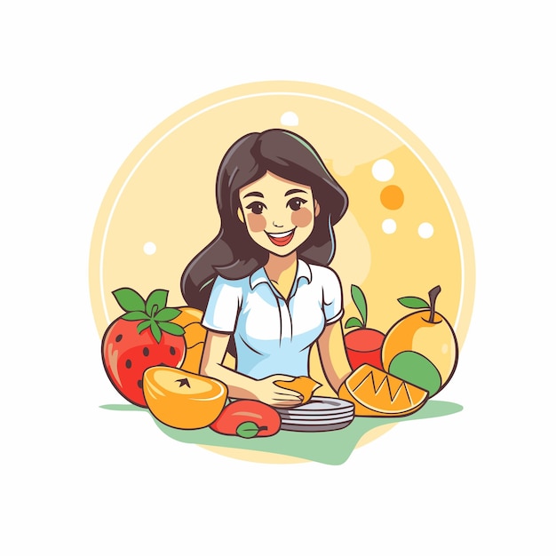 Vector ilustración vectorial de una mujer joven con frutas en las manos concepto de estilo de vida saludable