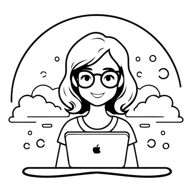Vector ilustración vectorial de una mujer joven con gafas y una computadora portátil en las nubes