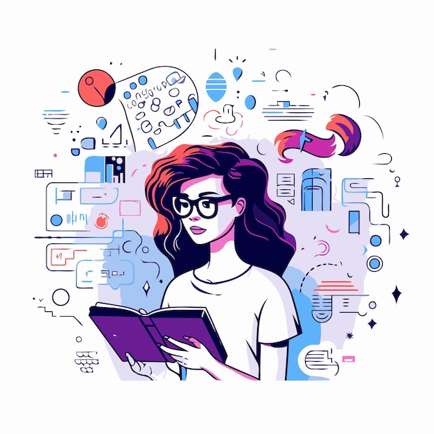 Ilustración vectorial de una mujer joven con gafas leyendo un libro sobre un fondo blanco