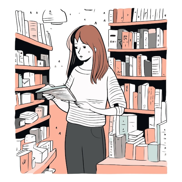 Vector ilustración vectorial de una mujer joven leyendo un libro en una biblioteca