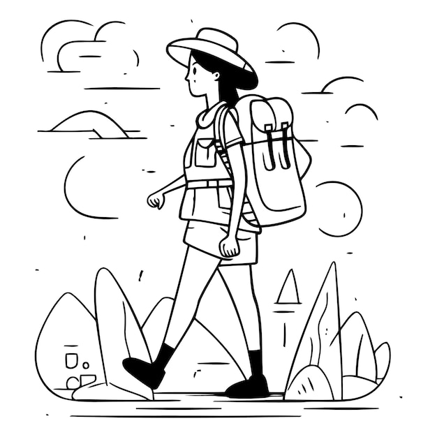 Vector ilustración vectorial de una mujer joven con una mochila caminando por las montañas