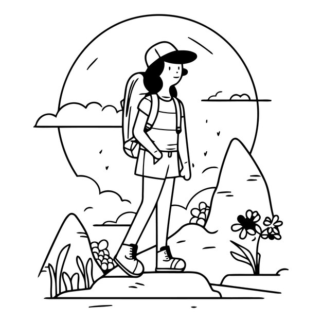 Vector ilustración vectorial de una mujer joven con una mochila caminando por las montañas