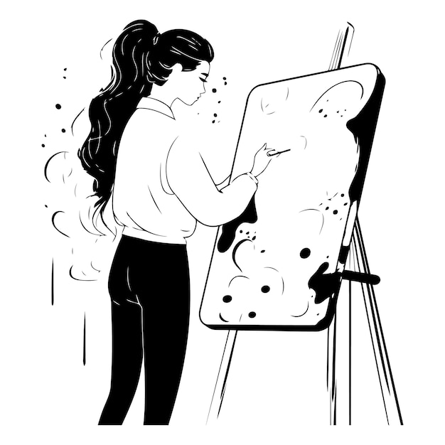 Ilustración vectorial de una mujer joven pintando un cuadro en caballete