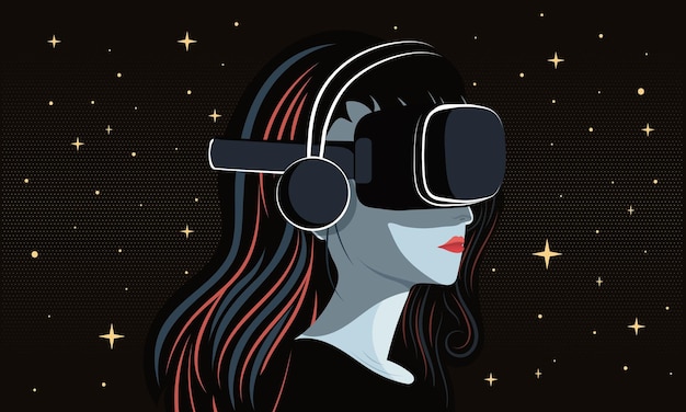 Ilustración vectorial de una mujer joven que usa una caja vr con auriculares en el fondo estrellado de la galaxia oscura