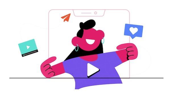 Ilustración vectorial de una mujer joven sosteniendo un teléfono inteligente con iconos de redes sociales