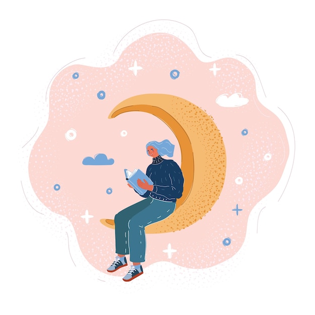 Ilustración vectorial de mujer joven trabajando en casa tarde en la noche y por la mañana Niña sentada en la luna creciente