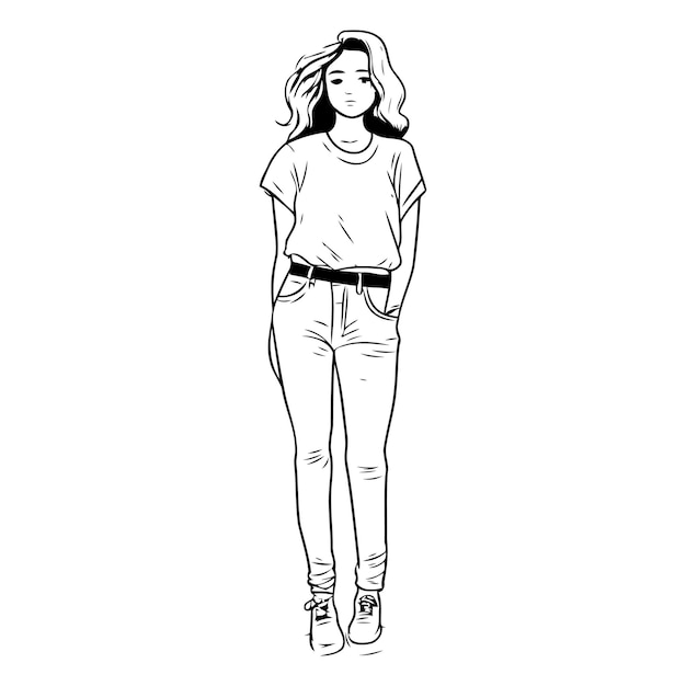 Vector ilustración vectorial de una mujer joven en vaqueros y una camiseta